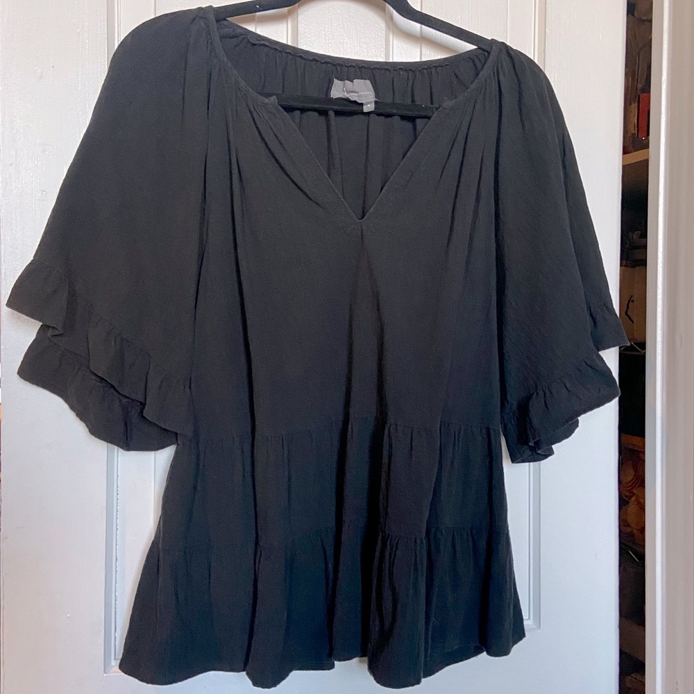 By Anthropologie Back Cotton V Neck Ruffle Sleeve Tiered Tunic Blouse Top M